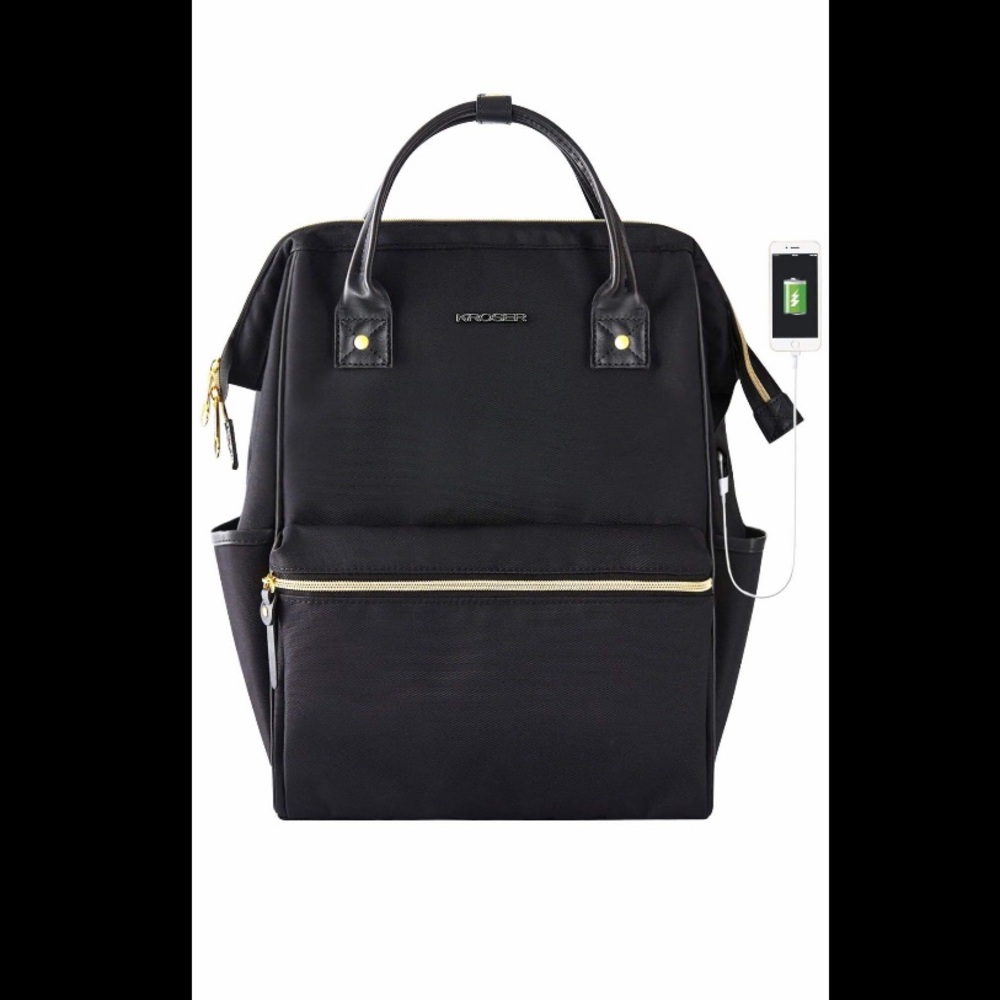 Black backpack with gold detailing